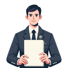 Illustration of an Elegant Man in a Suit Holding a Blank Piece of Paper with a White Background