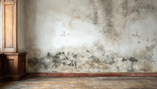 Interior shot of a deteriorated wall with mold, alongside a wooden window frame and flooring