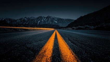 Low-angle shot of a dark road leading to snow-capped mountains at dusk