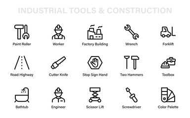 A professional industrial and construction icon set featuring toolbox, hammers, forklift, engineer, factory, paint roller, and essential maintenance tools.