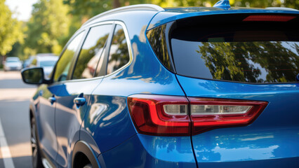 Obraz premium Blue SUV parked on tree lined street, showcasing its sleek design and modern features. sunlight highlights vehicle curves and reflections