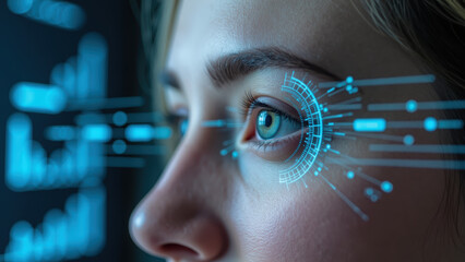 Close up of person eye with digital data visualization, showcasing technology and innovation futuristic setting. eye reflects advanced analytics