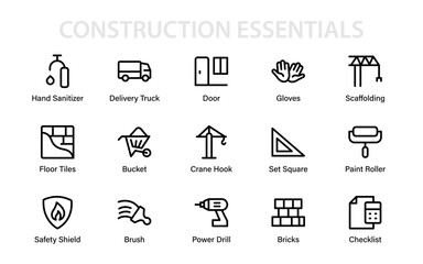 Modern Construction Essentials Icon Set featuring scaffolding, safety gear, tools, building materials, and equipment for architecture, renovation, and engineering projects.