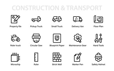 Modern construction and transport essentials icon set with vehicles, tools, safety gear, blueprints, and architecture symbols for design projects