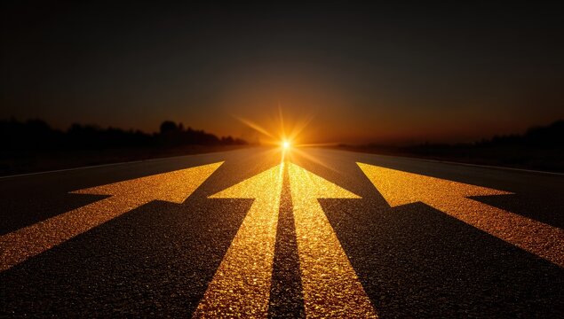 View of a road, three arrows pointing toward the bright, sun-lit horizon at dawn