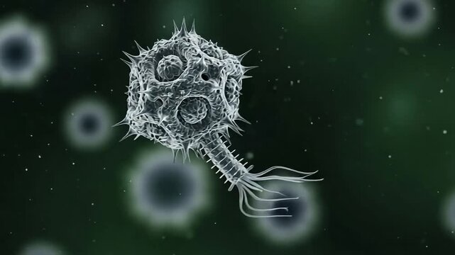 Eerie bacteriophage virus attacking cells in dark environment perfect for scientific research visuals and pandemic awareness campaigns