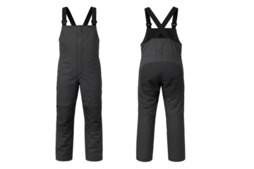 Dark gray work bib overalls, front and back view, isolated on transparent background