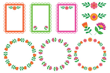 A collection of Mexican-style frames and flowers. Mexican Fiesta - a festive frame of vibrant flowers. Design element for banners and posters.