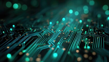 Abstract illustration of a vibrant circuit board with glowing lines and bokeh effects in a close-up view