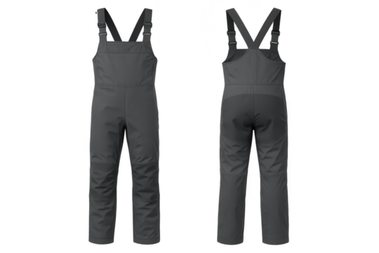 Grey waterproof bib overalls isolated on a transparent background, clothing