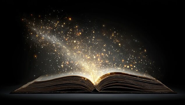Illuminated open book with glowing light and particles emanating from its pages against dark backdrop