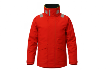 Bright red waterproof jacket with reflective strips, isolated on transparent