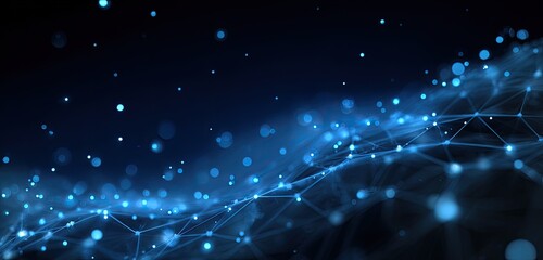 Abstract depiction of interconnected nodes and points in a network against a dark blue background