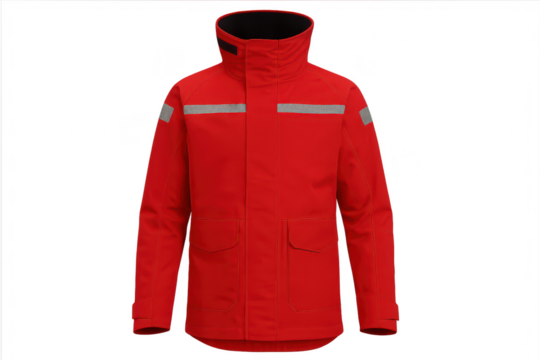 Bright red waterproof jacket isolated on transparent background, high visibility