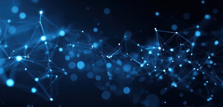 A stylized, blue, digital illustration of interconnected points and lines against a dark background