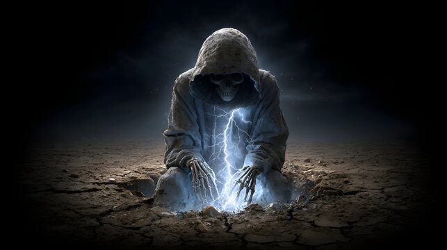 Figure cloaked in grey sits on cracked earth, bathed in an ethereal blue light, with a skeletal face and hands visible under a hood within a dark backdrop. The atmosphere evokes mystery. - Powered by Adobe