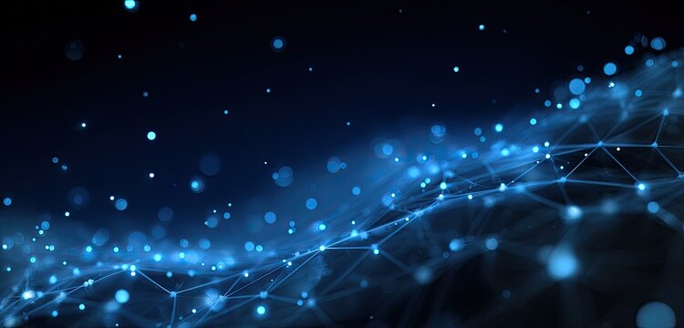 Abstract depiction of interconnected nodes and points in a network against a dark blue background - Powered by Adobe