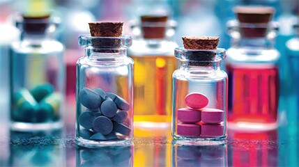 Close up of medicine pills in glass bottles with corks