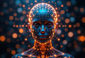 Futuristic human face with glowing neural network connections in abstract style.