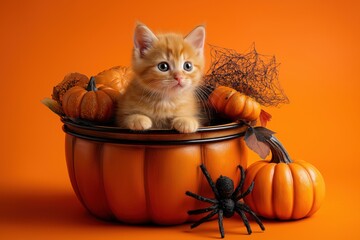 Halloween, funny kitten sitting in a pumpkin lantern on an orange background.