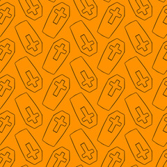 Seamless Doodle pattern with Coffin and crosses on orange background