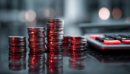 Close-up of stacked coins in increasing heights with a calculator in blurred background