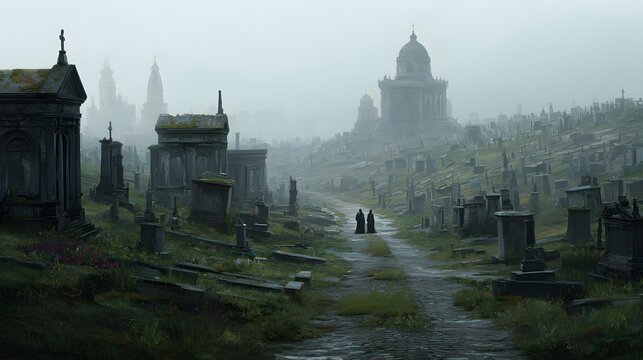 Panoramic vista showcasing an ancient, weathered cemetery shrouded in a dense fog, featuring rows of tombstones and mausoleums with figures walking the path, evoking a sense of mystery and...