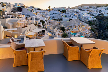Santorini Greece. Oia. Sunrise over the town