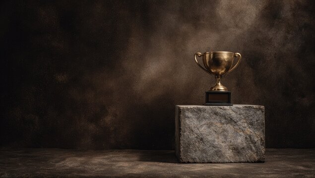 A gold trophy sits atop a stone block against a dark, smoky background. It conveys achievement
