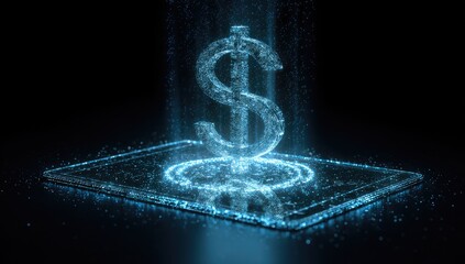 Digital dollar symbol forming above a digital device, glowing against a dark background