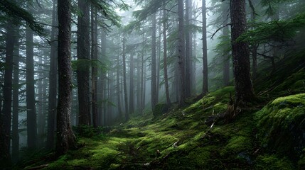 Fototapeta premium Serene forest landscape featuring a moss-covered forest floor with lush greenery, tall trees shrouded in mist, creating an atmospheric and tranquil scene.