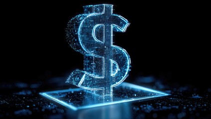 Blue digital dollar symbol emitting light on a platform against a dark background