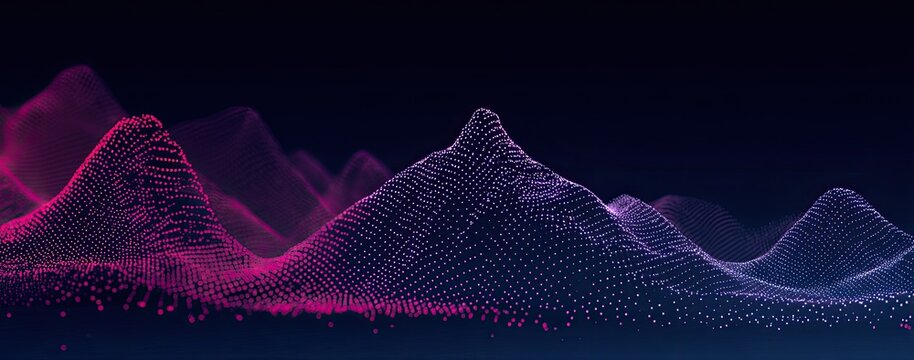 A digital illustration depicting stylized mountain ranges formed by a mesh of glowing particles