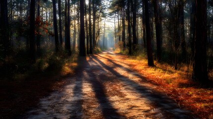 Fototapeta premium Sunlight streams through tall, dense trees in a forest, casting long shadows across a sandy path, creating a sense of serenity and inviting a journey into nature during a peaceful morning.
