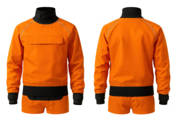 Bright orange dry suit for kayaking isolated on transparent background view