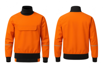 Bright orange waterproof jacket isolated on transparent background, two views