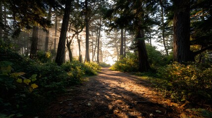 Obraz premium A sunlit forest path curves through tall trees, creating an inviting perspective with light filtering through the branches, illuminating a pathway and creating a serene outdoor atmosphere.