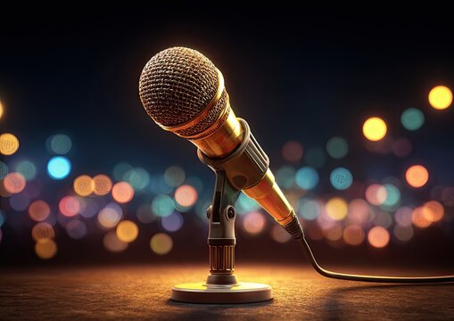 Detailed close-up of a gold microphone on a stand, with bokeh lights in the background