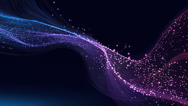 Abstract graphic of flowing, multicolored lines with a dark blue background