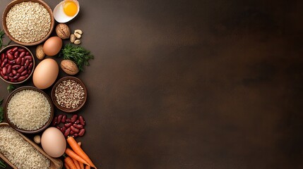 A diverse selection of iron-rich foods such as eggs, red beans, and vegetables is beautifully arranged on a black kitchen surface, inviting healthy meal ideas