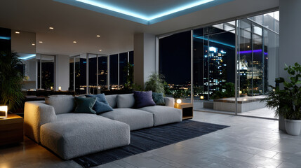 Fototapeta premium This striking modern living room features a spacious layout with trendy furnishings, large windows, and a stunning view of the city skyline illuminated at night.