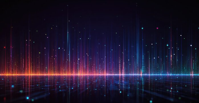 An abstract, colorful visual of vibrant vertical lines with dots over a reflective surface