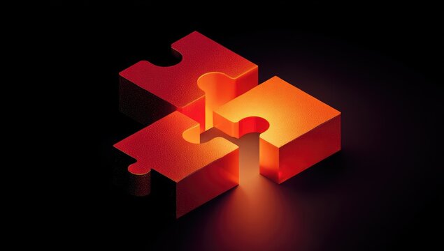 Abstract 3D illustration of three puzzle pieces interlocked against a dark background with light