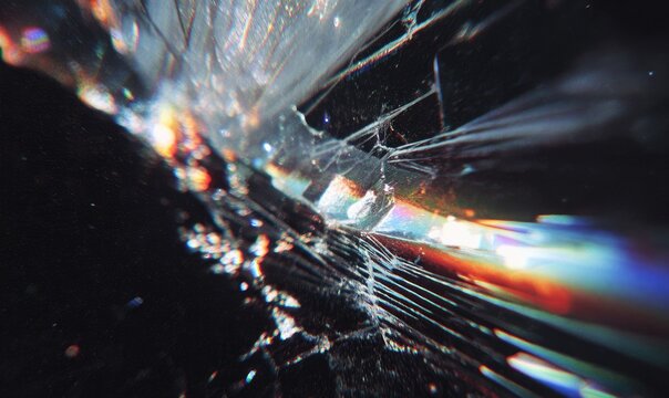 Close-up of shattered glass, reflecting light in a prism of colors, with sharp fractures