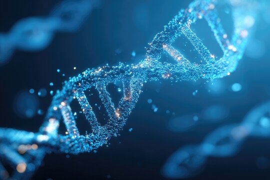 Glowing, digital 3D rendering of DNA double helix, showcasing genetic structure