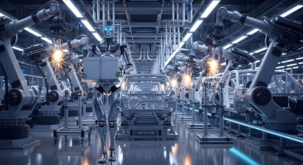 Automated automotive assembly line robots welding car frames, enhancing efficiency, and speeding production processes in the modern factory
