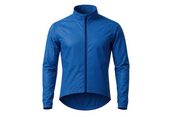 Blue cycling jacket isolated on transparent background, full zip windbreaker