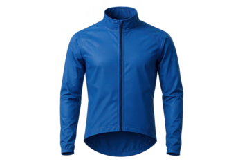 Blue cycling jacket isolated on transparent background, full zip windbreaker