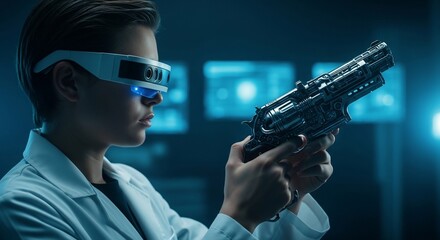 Futuristic detective with advanced technology revolver, exploring virtual reality possibilities and cyber crime prevention strategy in a modern laboratory setting