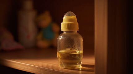 Bottle of liquid medication with a child proof cap on a shelf